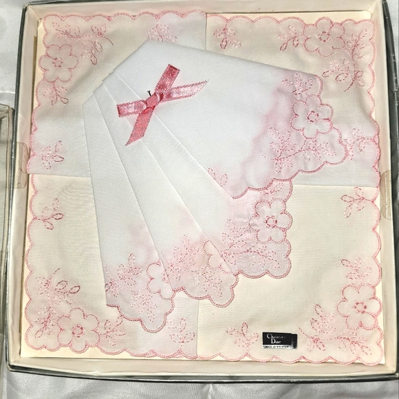 New Vintage Christian Doir Handkerchief Pink White